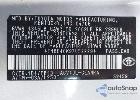 2007 Toyota Camry Le z USA, uszkodzony, nr VIN 4T1BE46K97U522294